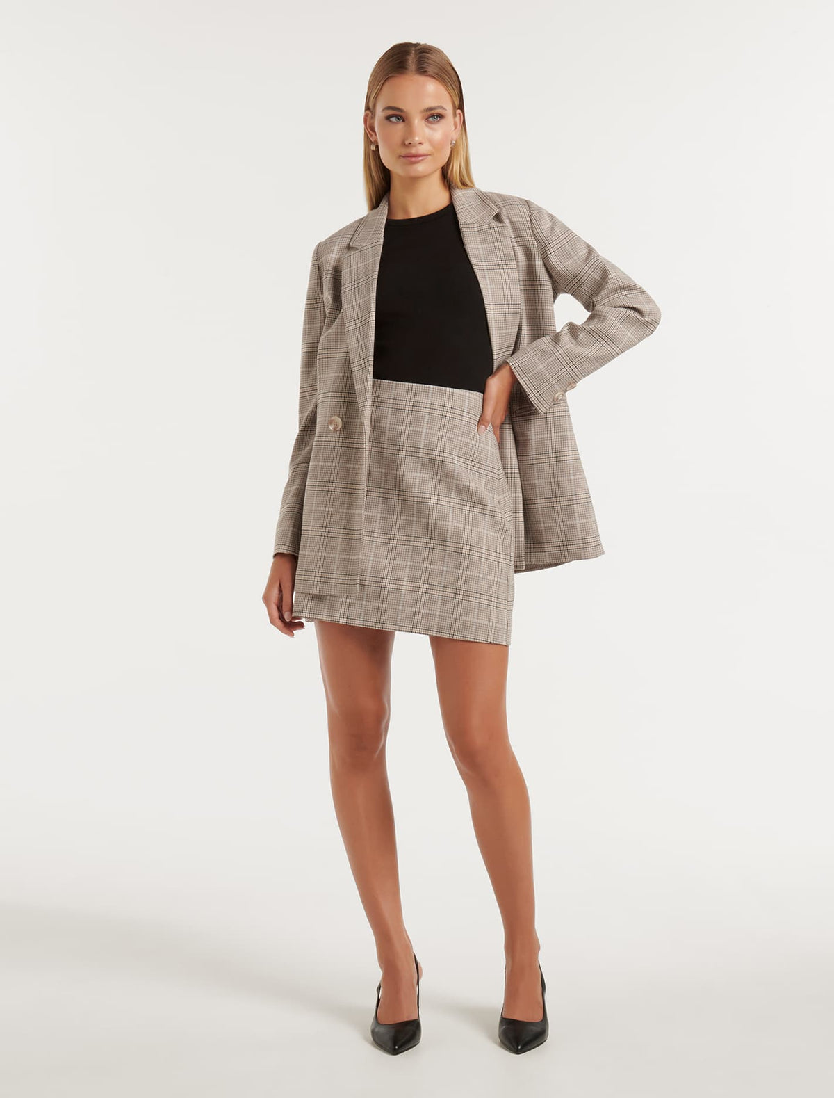 Scarlett Check Mini Skirt Camel/Blue Check Suit
