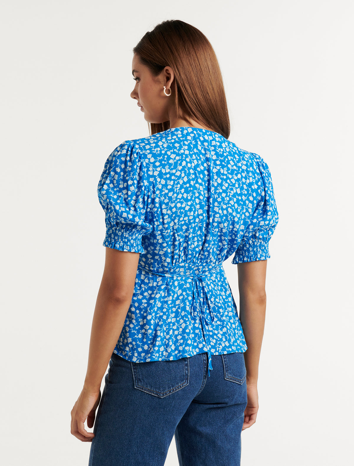 Aisha Printed Tie Waist Blouse Cobalt Clifton Ditsy