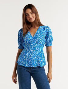 Aisha Printed Tie Waist Blouse Cobalt Clifton Ditsy