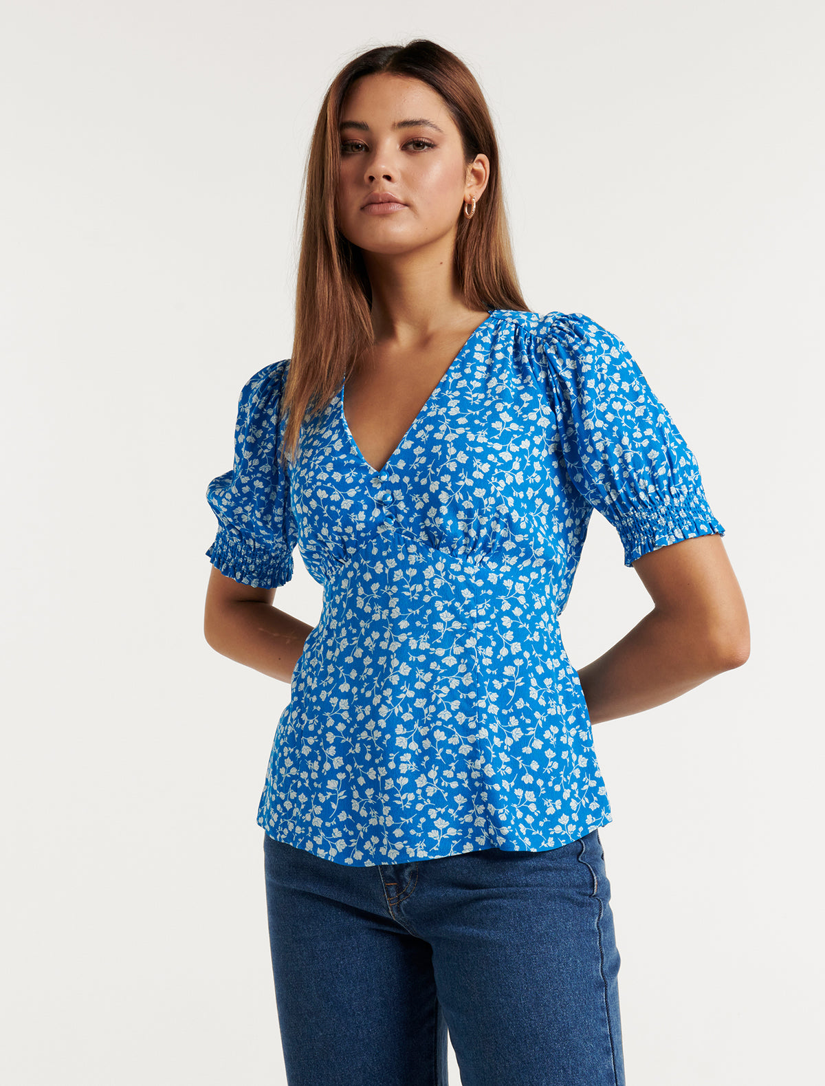 Aisha Printed Tie Waist Blouse Cobalt Clifton Ditsy