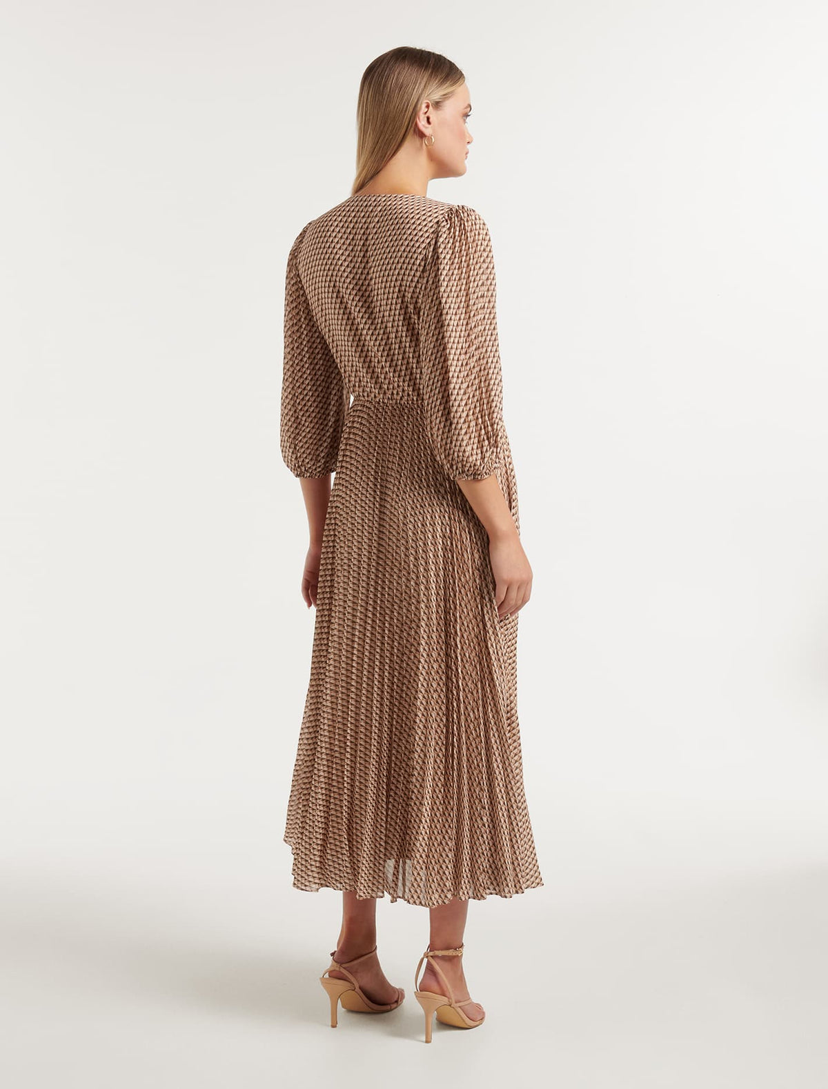 Viviana Twist Front Pleated Midi Camel Tile Geo
