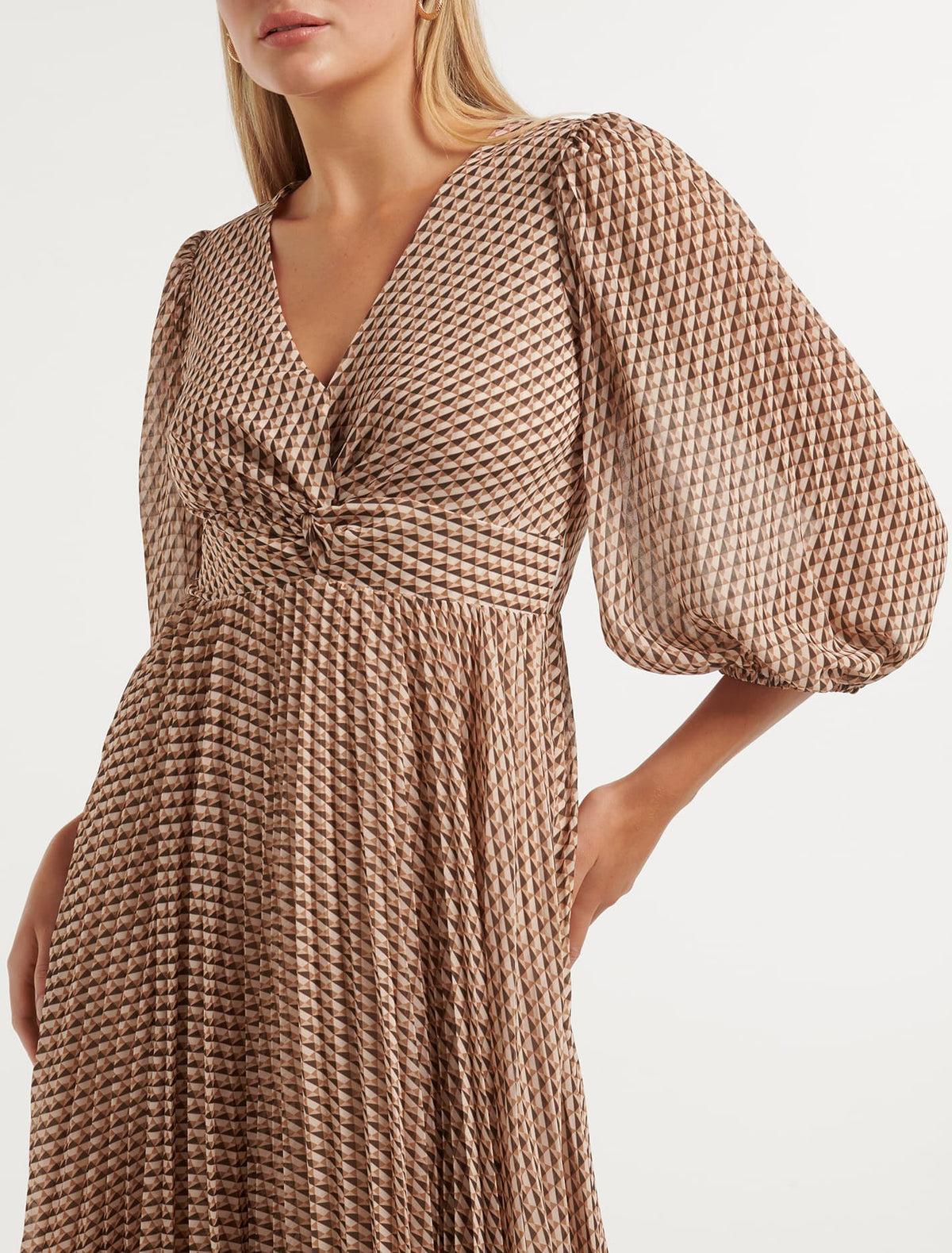 Viviana Twist Front Pleated Midi Camel Tile Geo