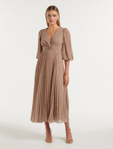 Viviana Twist Front Pleated Midi Camel Tile Geo