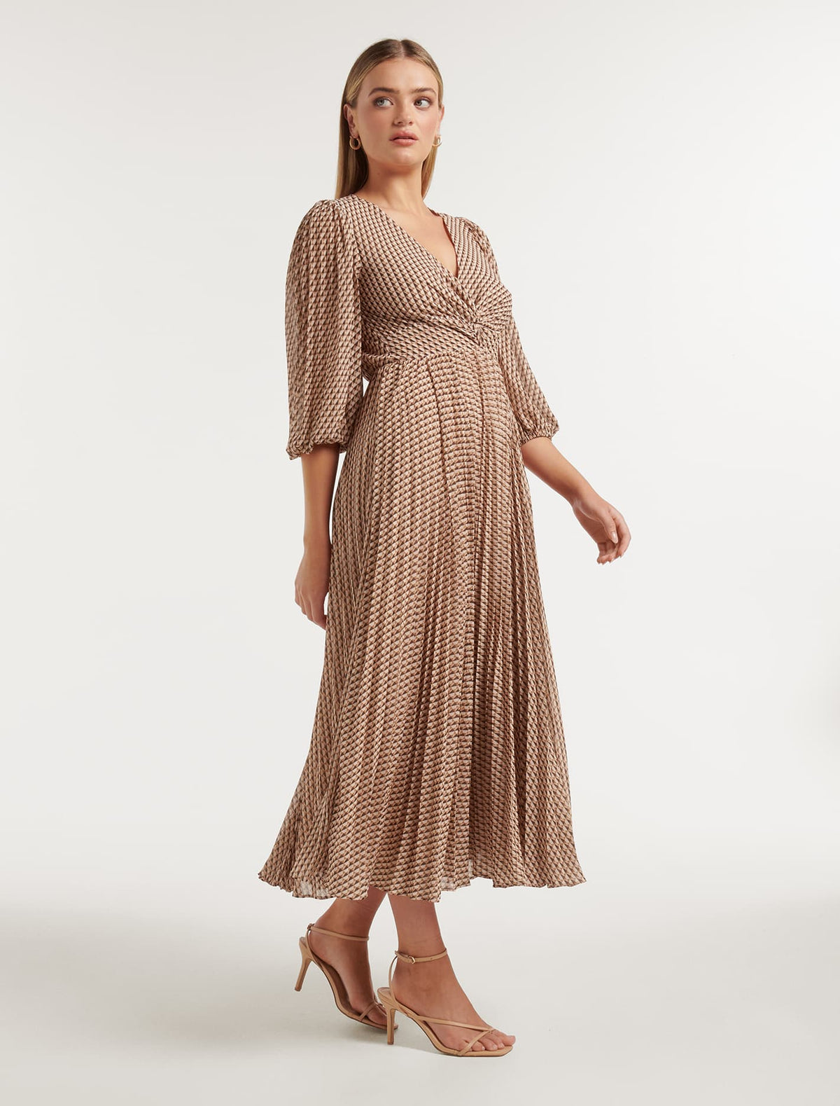 Viviana Twist Front Pleated Midi Camel Tile Geo