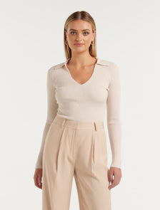Selena Collar Knit Top Cream