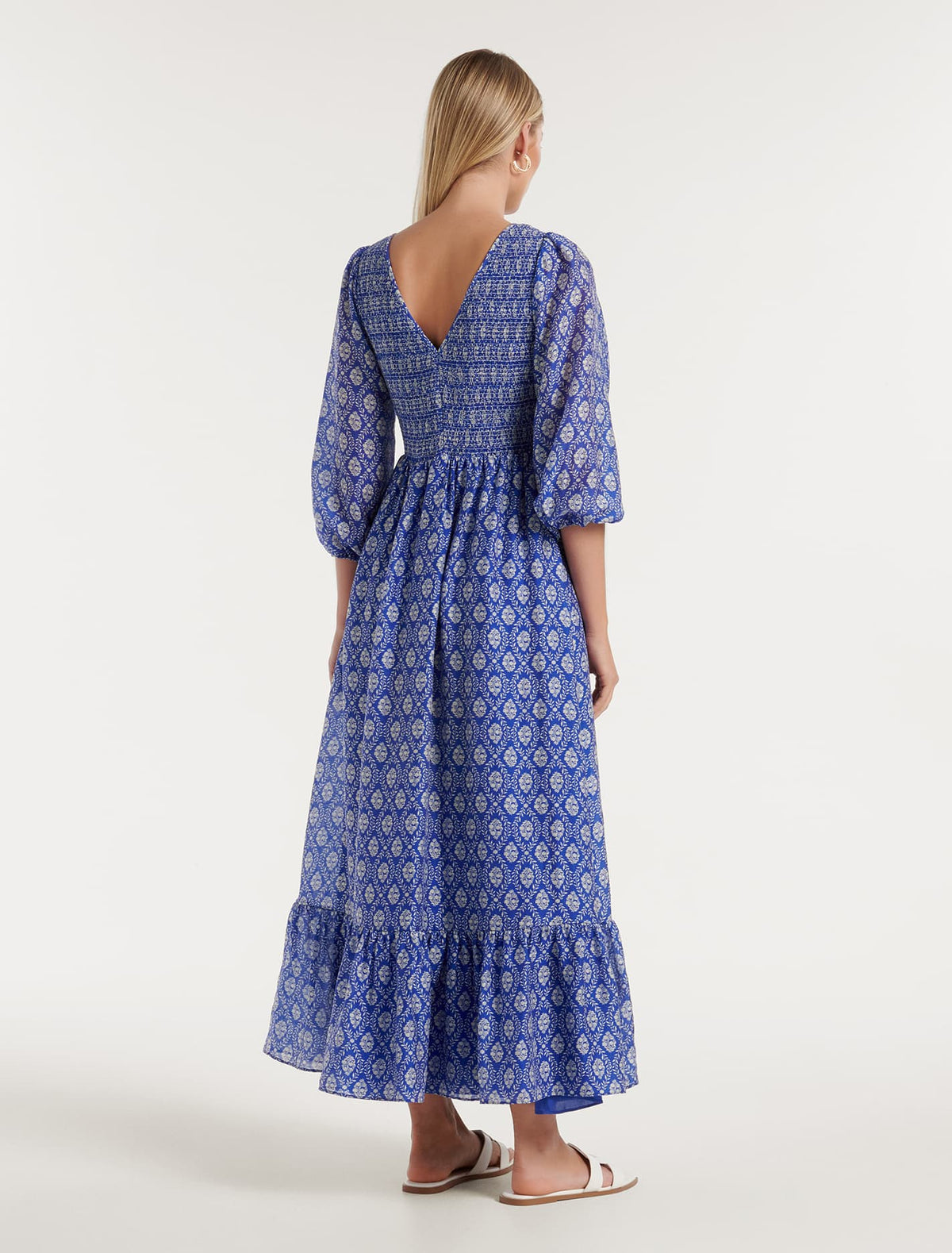Meadow Shirred V-Neck Midi Lorne Tile