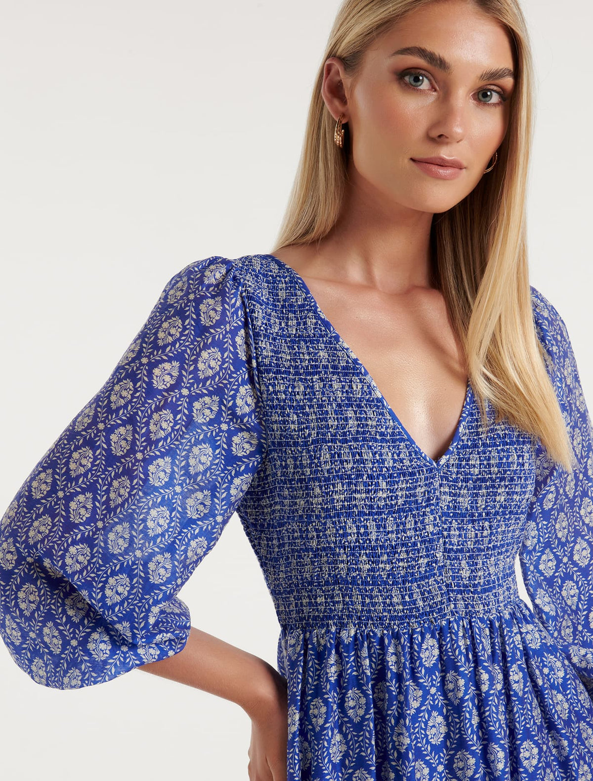 Meadow Shirred V-Neck Midi Lorne Tile
