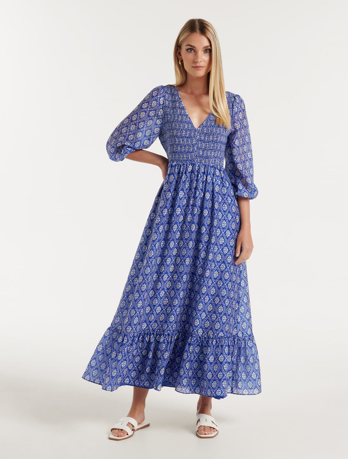 Meadow Shirred V-Neck Midi Lorne Tile