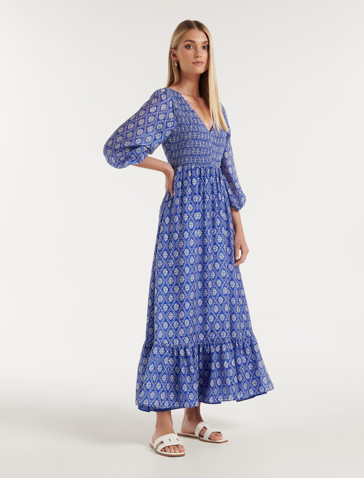 Meadow Shirred V-Neck Midi Lorne Tile