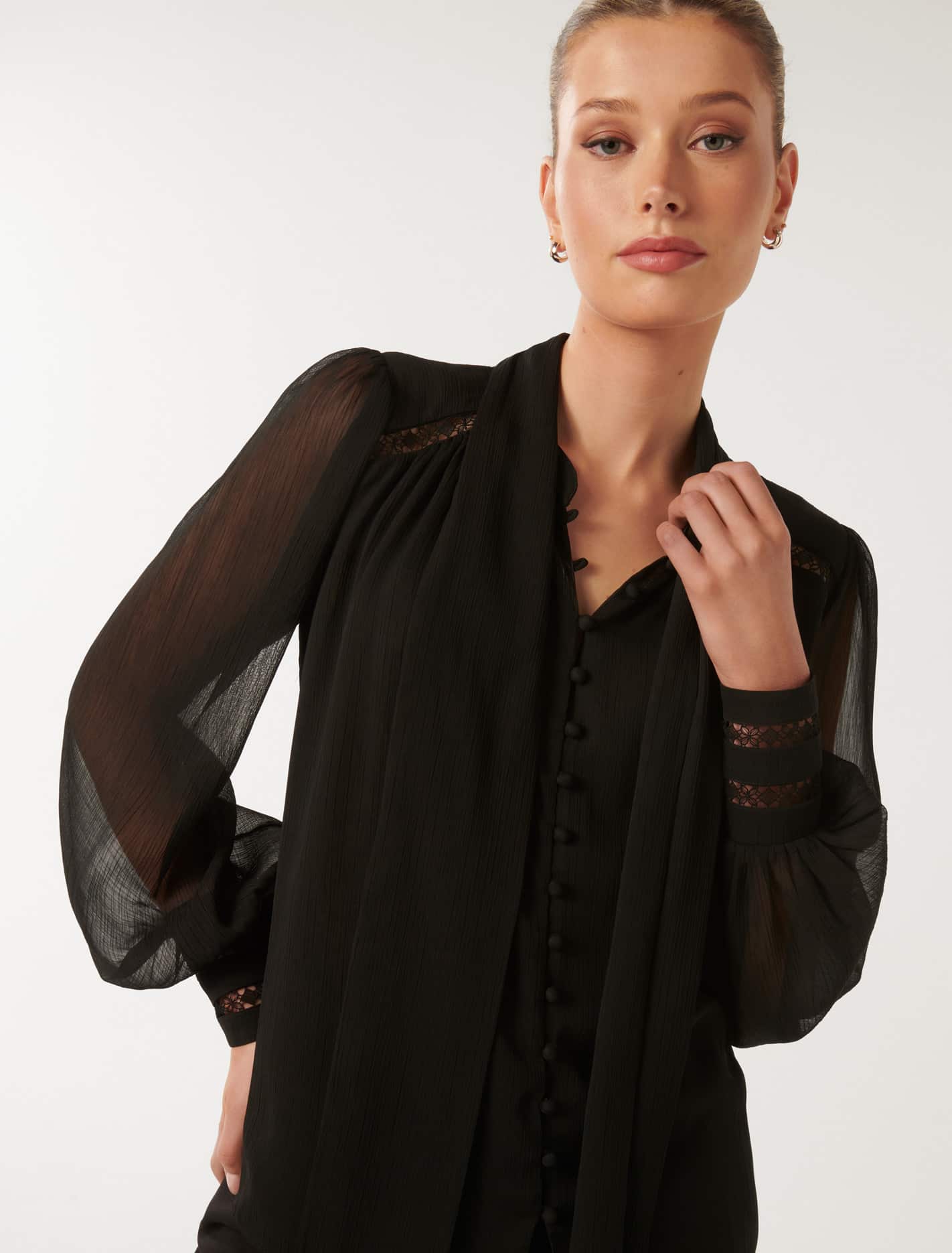 Toni Trim Spliced Tie Neck Blouse Black