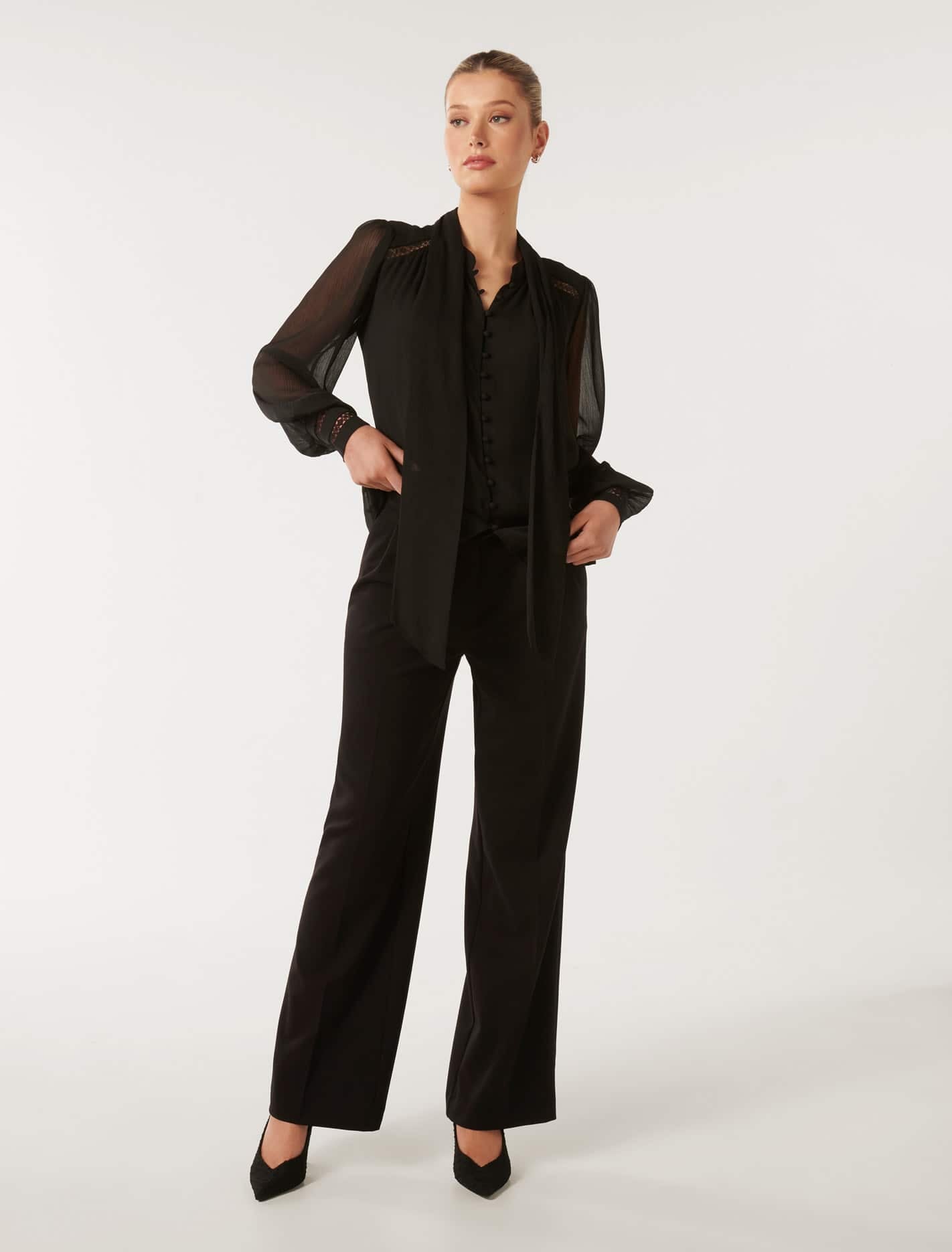 Toni Trim Spliced Tie Neck Blouse Black