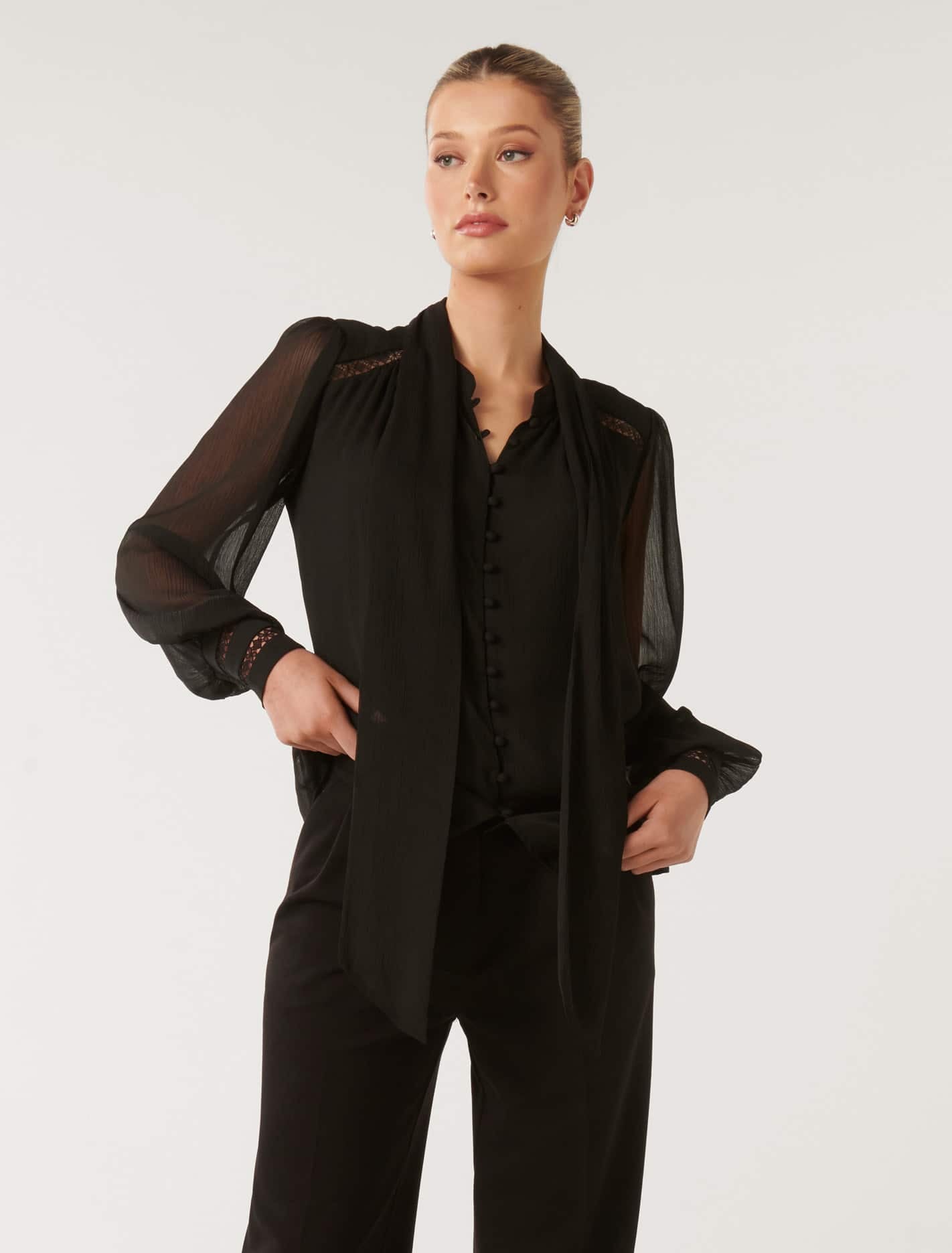 Toni Trim Spliced Tie Neck Blouse Black