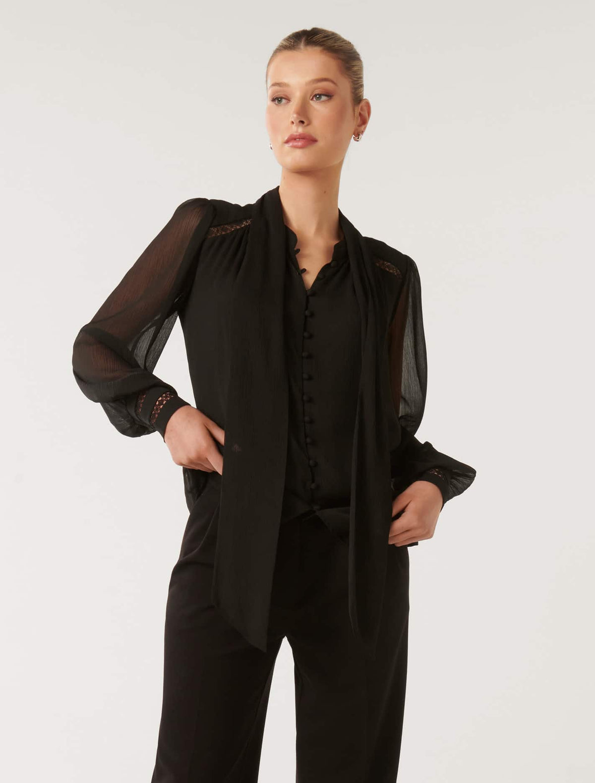 Toni Trim Spliced Tie Neck Blouse Black