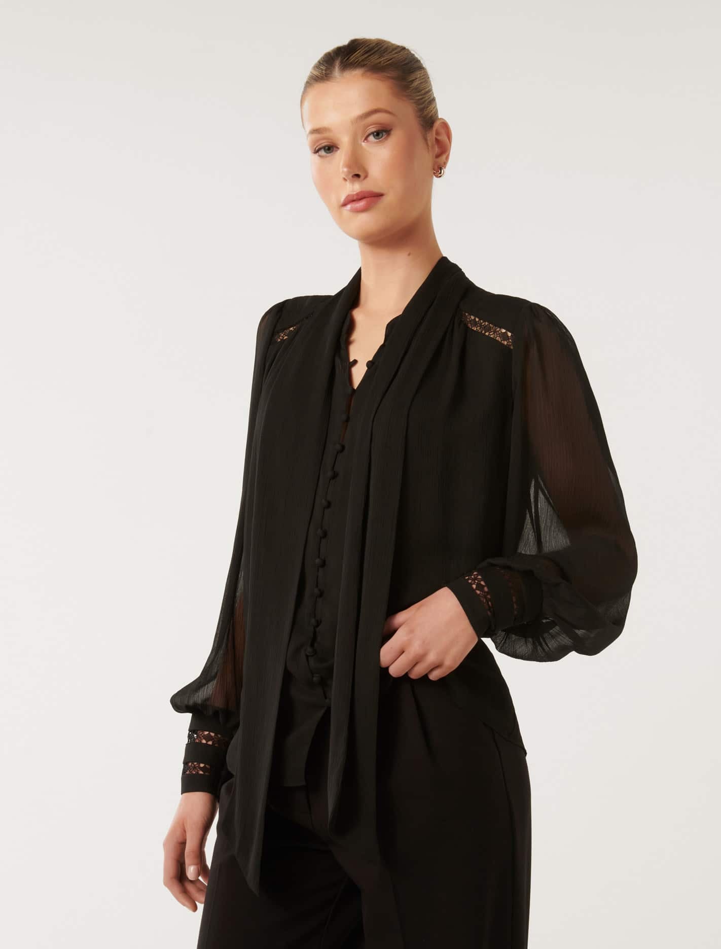 Toni Trim Spliced Tie Neck Blouse Black