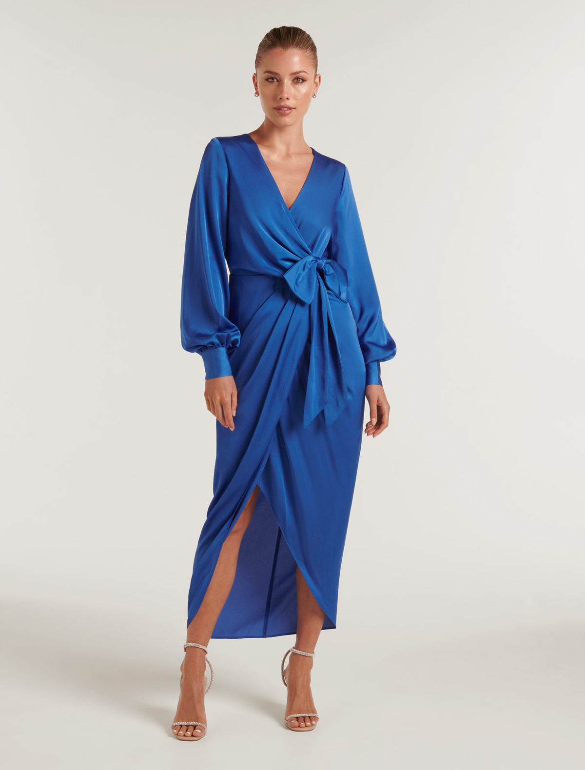 Mirella Wrap Satin Midi Dress Blue Atmosphere