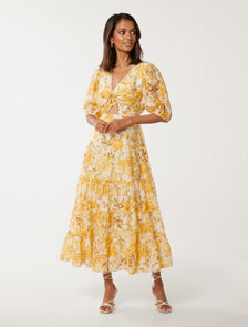 Irina Petite Twist Midi Dress Yellow Peony Floral