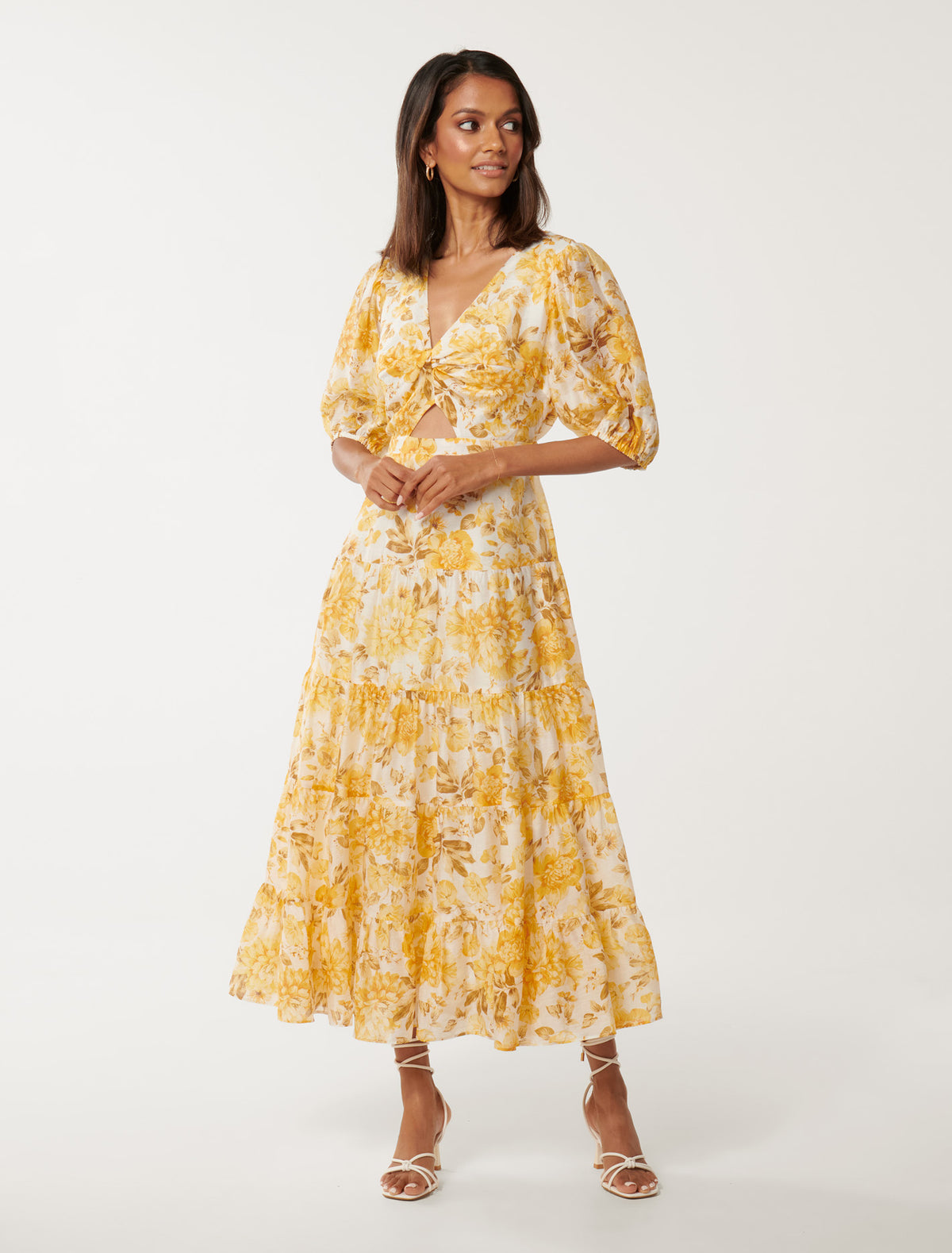 Irina Petite Twist Midi Dress Yellow Peony Floral