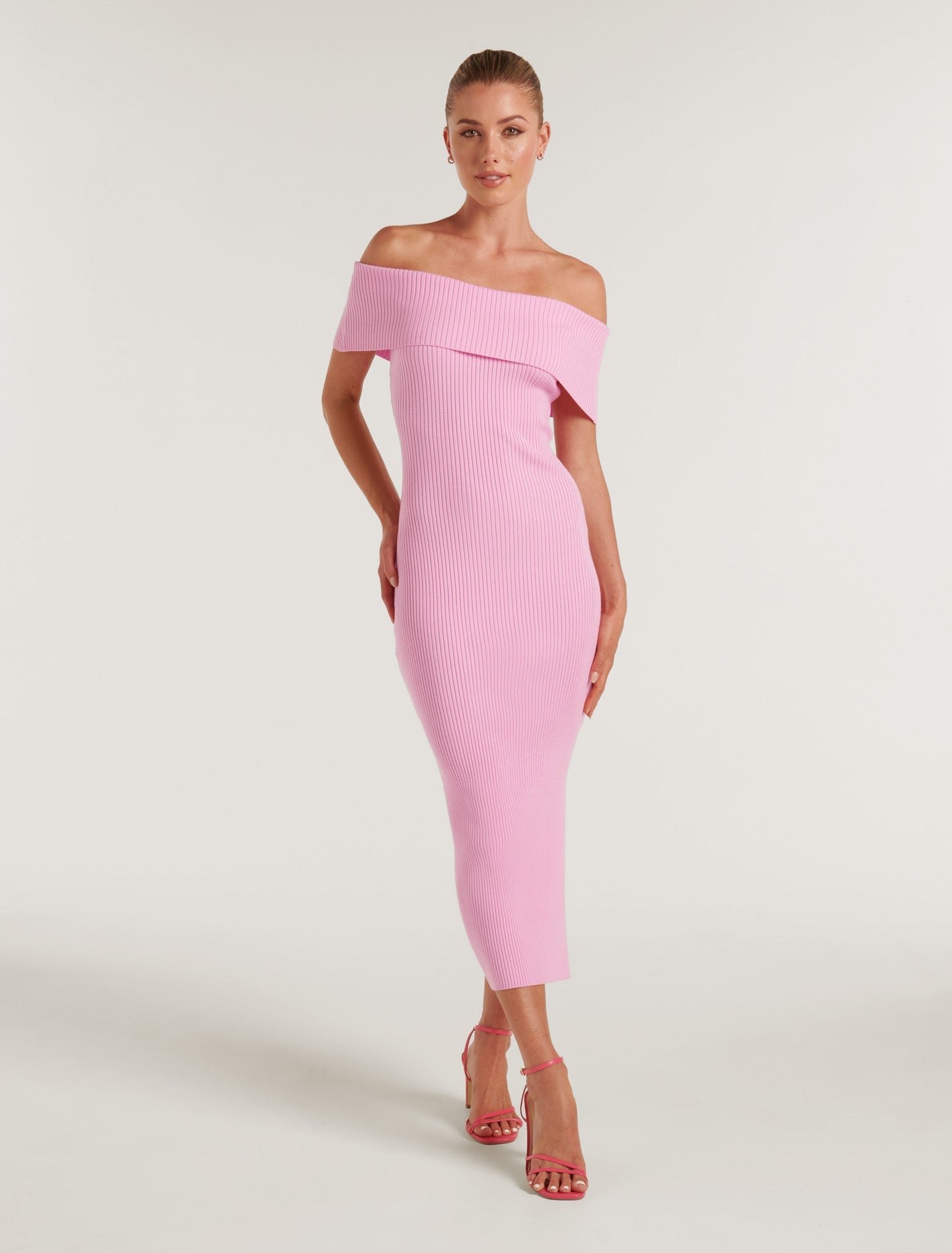 Naomi Bardot Column Knit Dress Carnation Pink