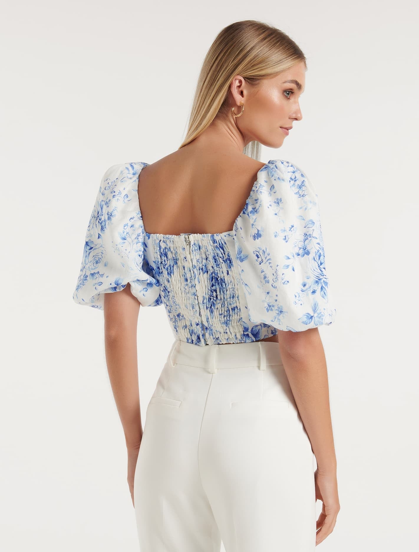 Briar Puff Sleeve Linen Top Blue Victoria