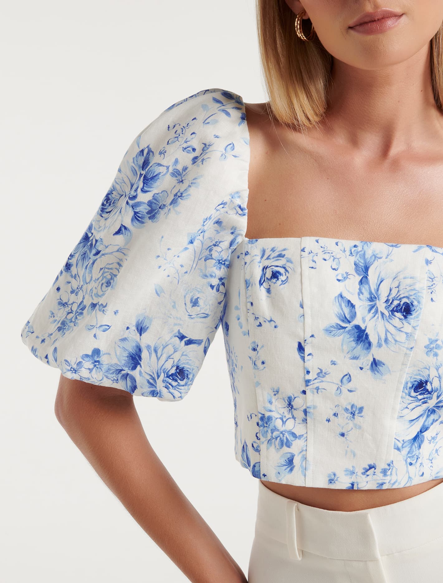 Briar Puff Sleeve Linen Top Blue Victoria