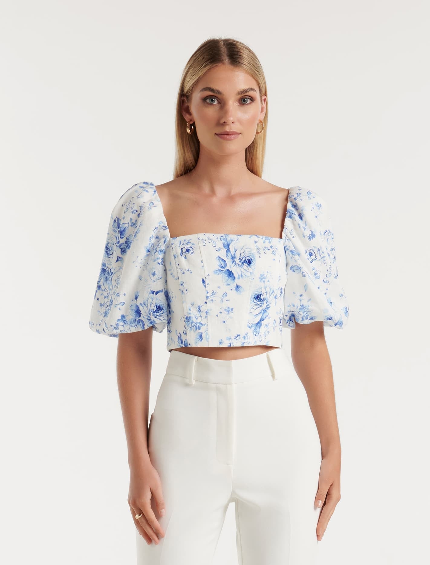 Briar Puff Sleeve Linen Top Blue Victoria