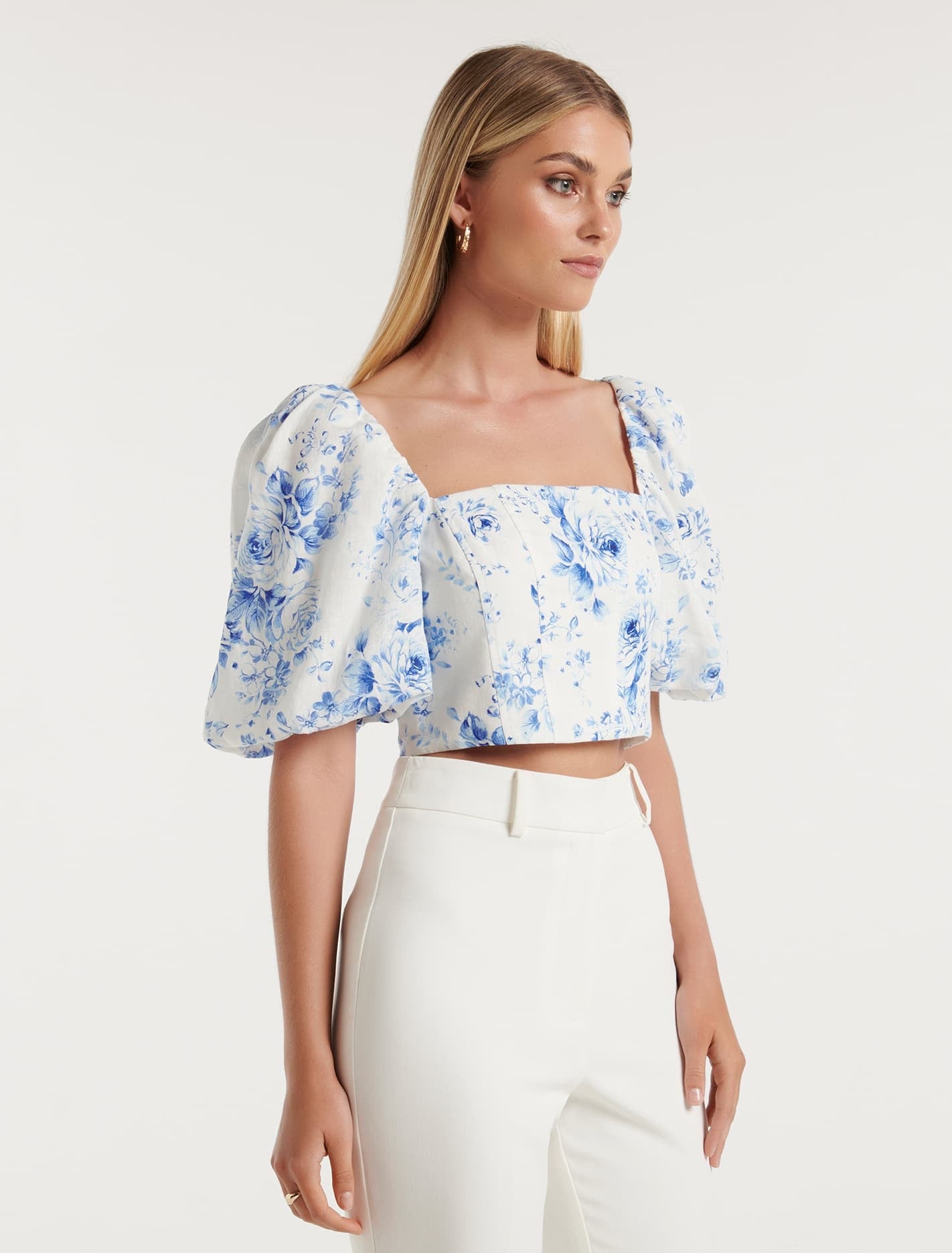 Briar Puff Sleeve Linen Top Blue Victoria