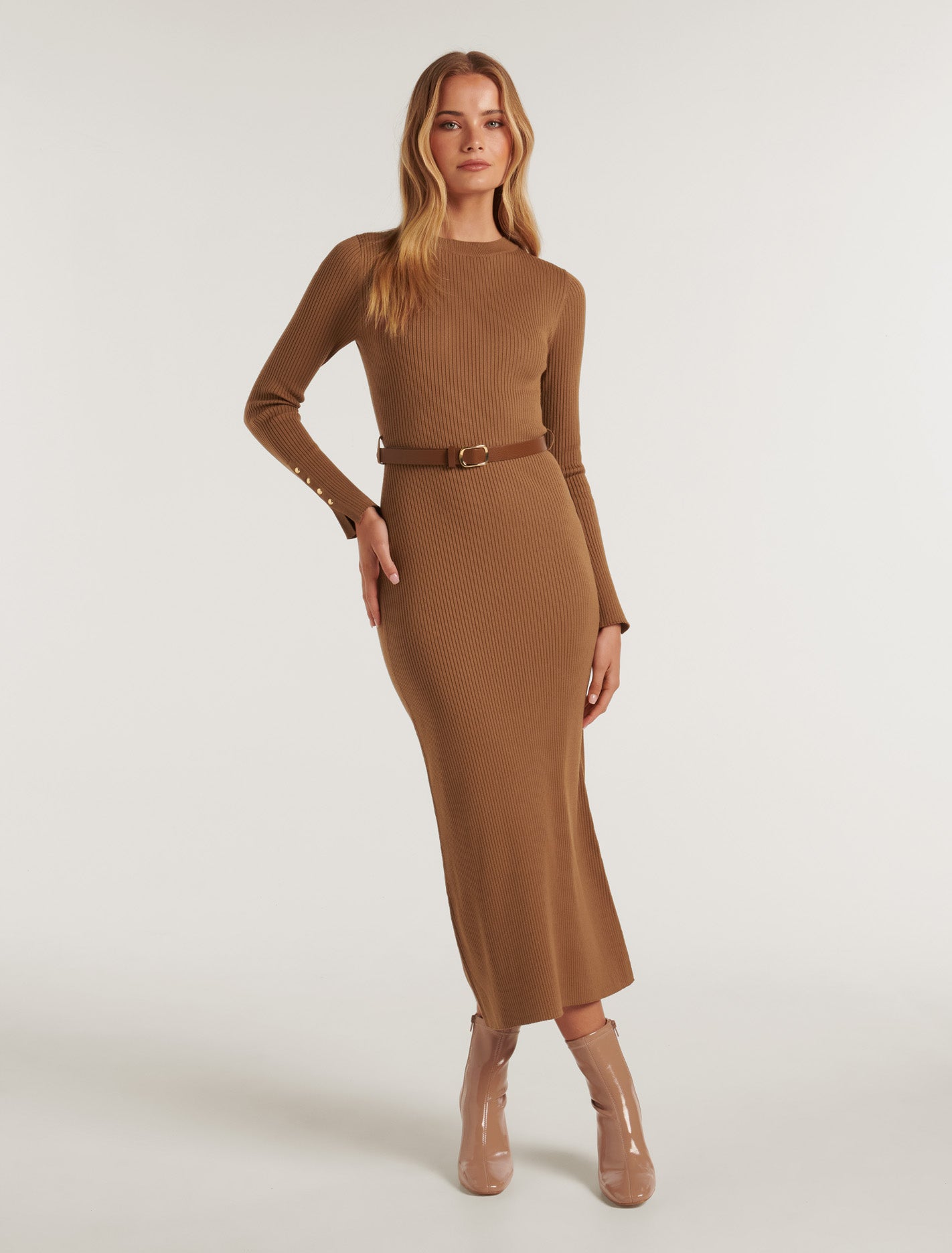 Hannah Belted Midi Knit Dress Ponyskin