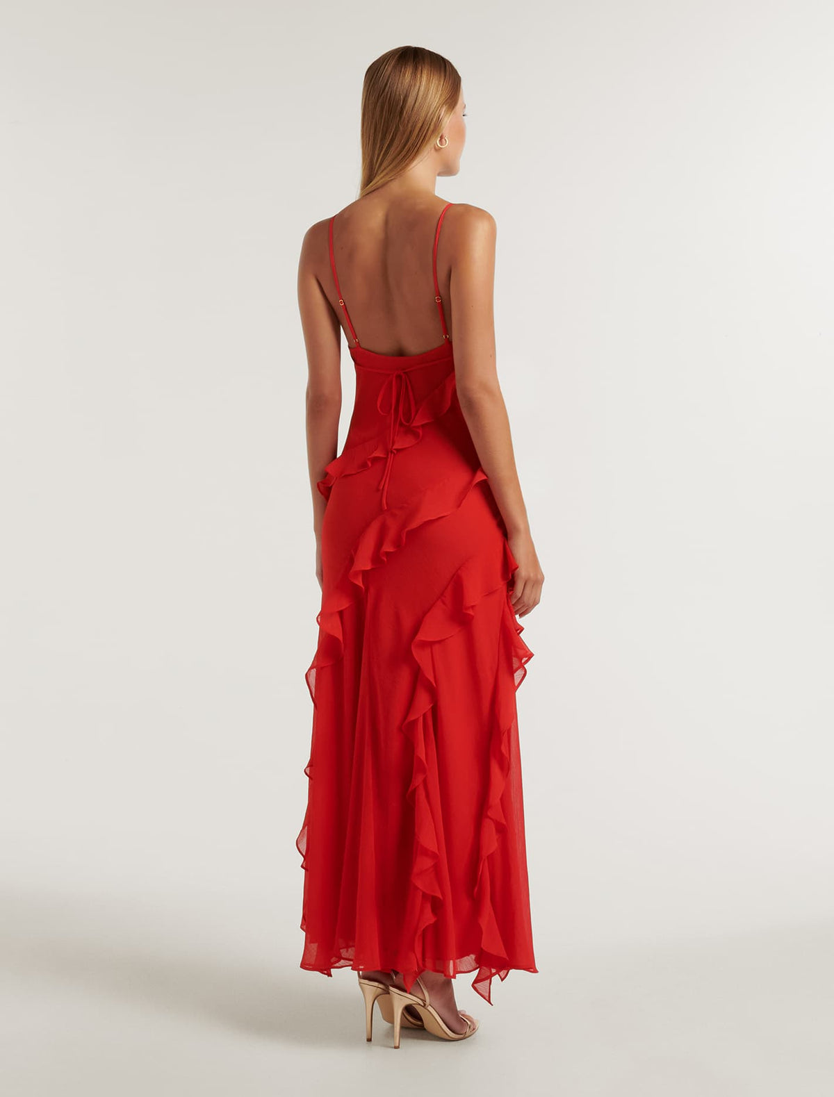 Poppy Asymm Ruffle Gown Chilli Red