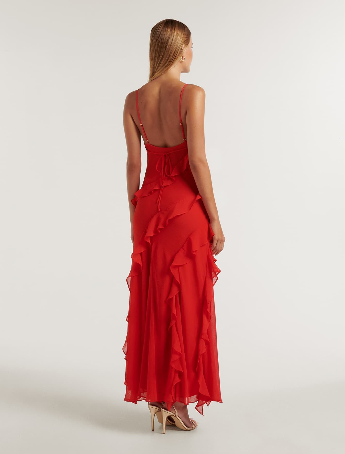 Poppy Asymm Ruffle Gown Chilli Red