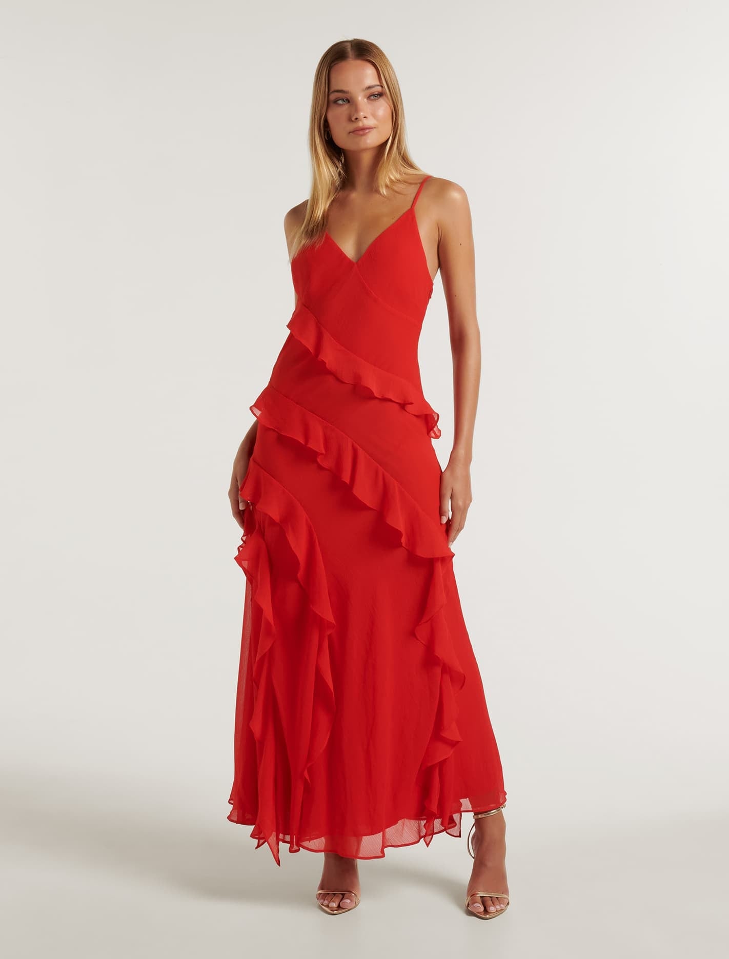 Poppy Asymm Ruffle Gown Chilli Red