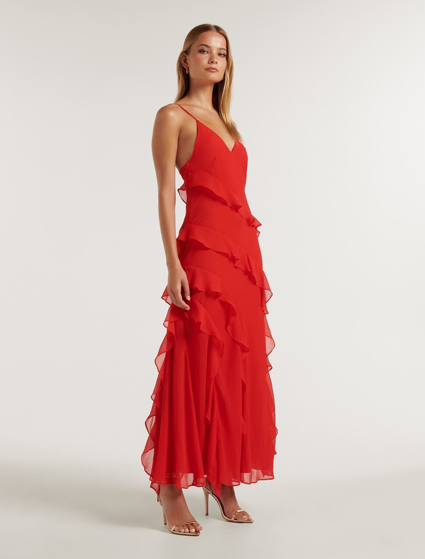 Poppy Asymm Ruffle Gown Chilli Red