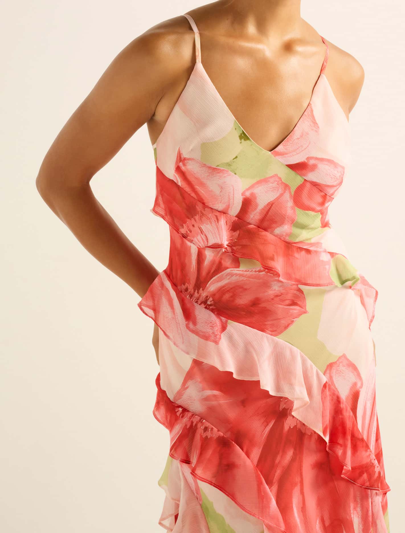 Poppy Ruffle Gown Coral Amara Floral