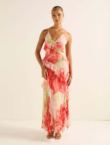 Poppy Ruffle Gown Coral Amara Floral