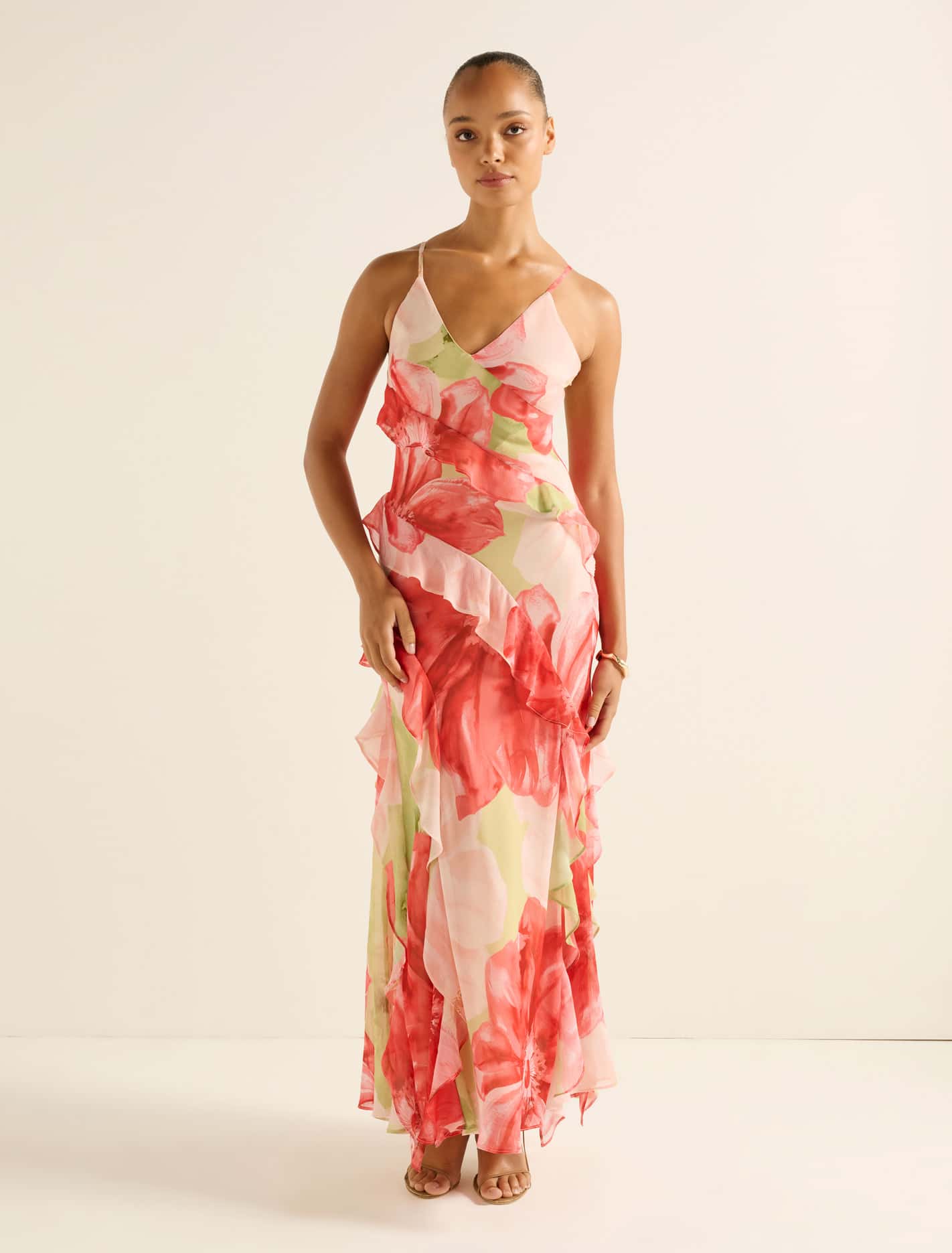 Poppy Ruffle Gown Coral Amara Floral