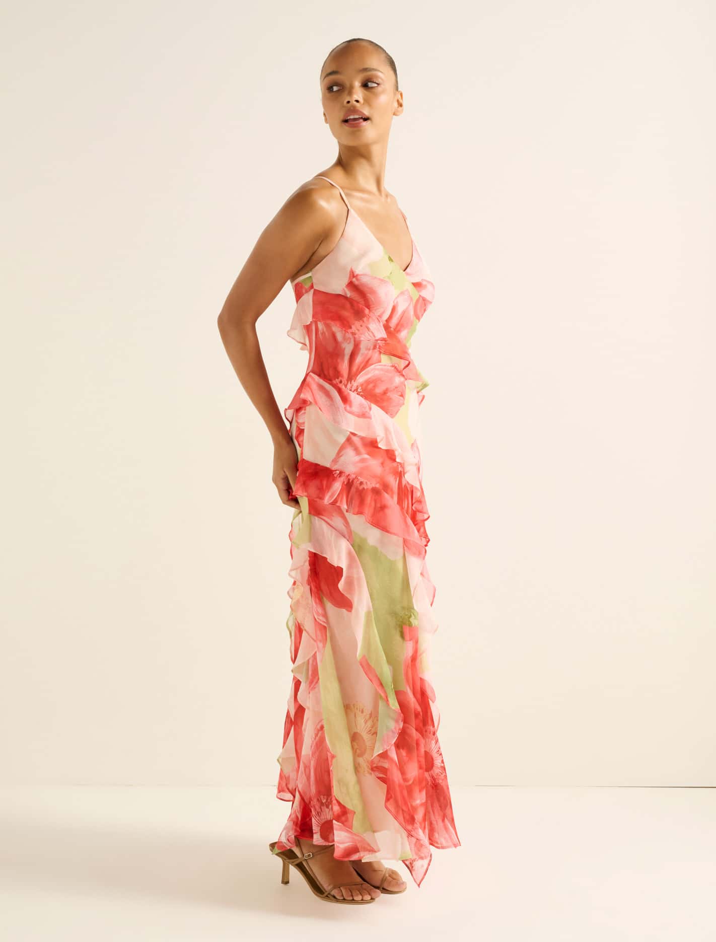 Poppy Ruffle Gown Coral Amara Floral