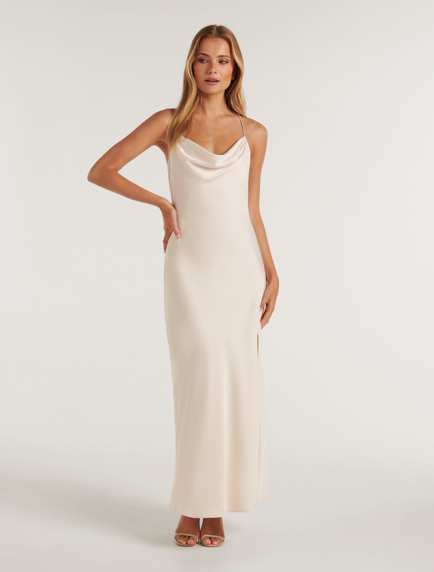 Hannah Diamante Strap Satin Dress Ivory
