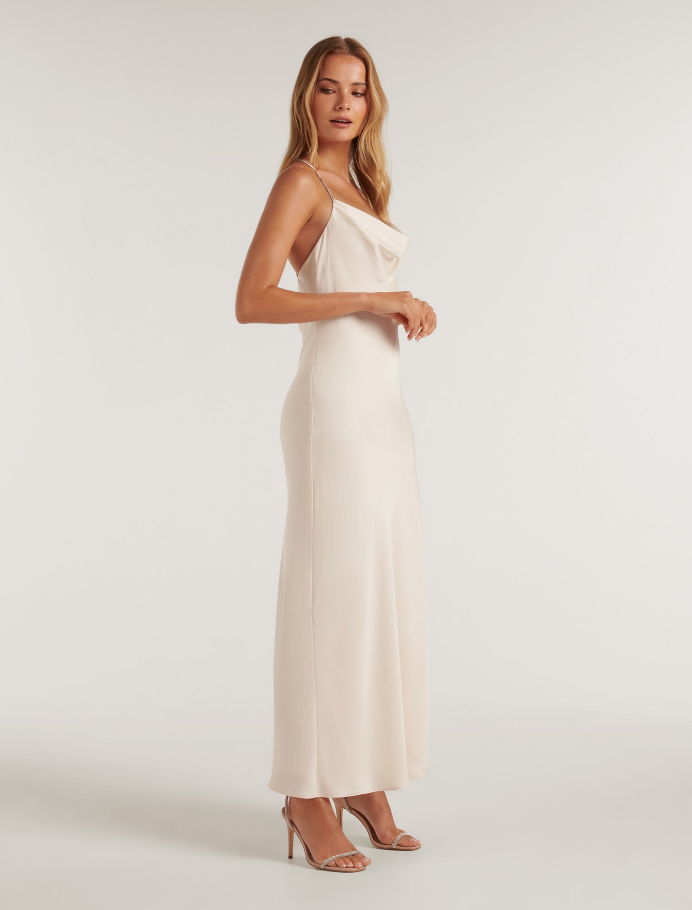 Hannah Diamante Strap Satin Dress Ivory