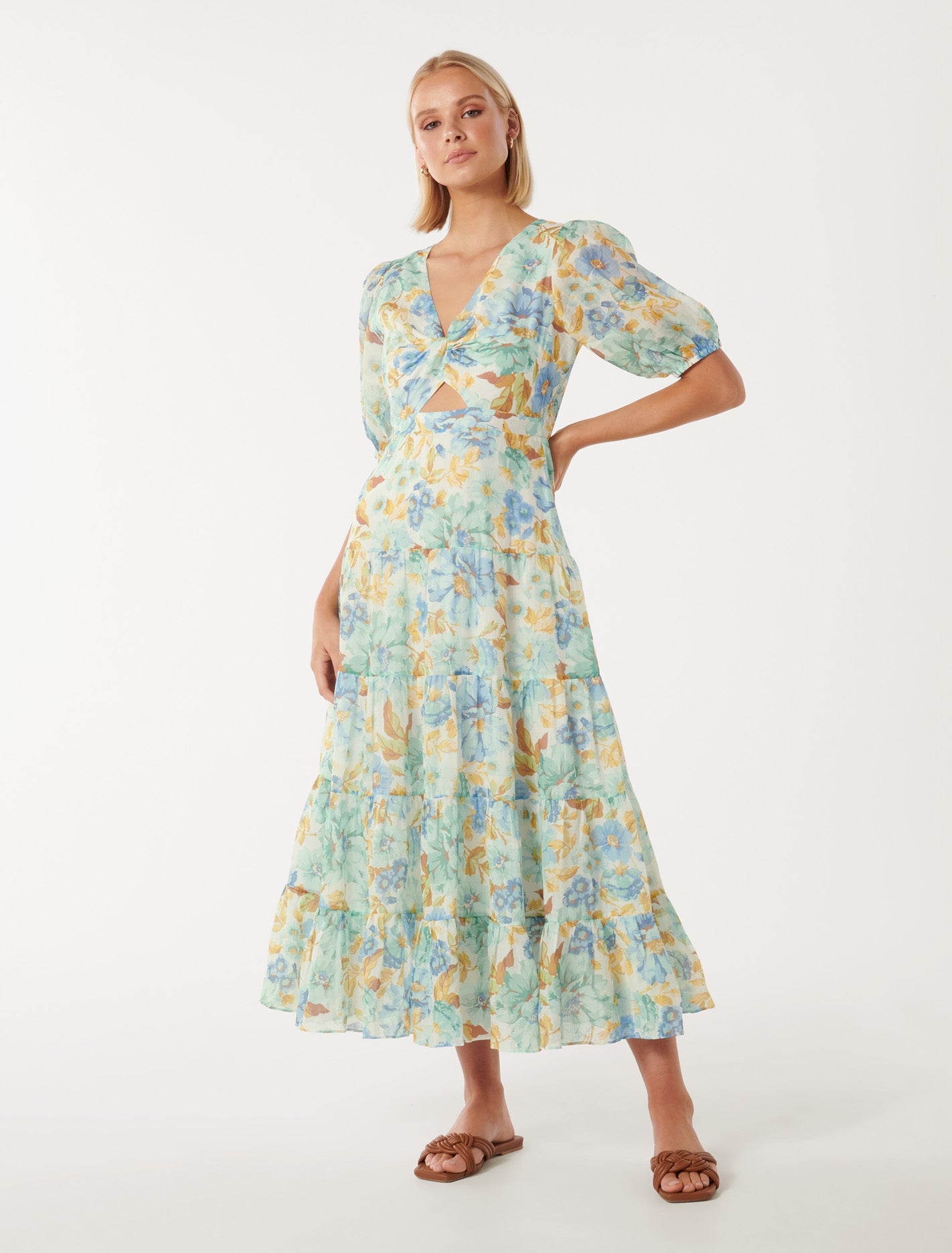 Irina Twist Front Midi Dress Blue Elmhurst Flora