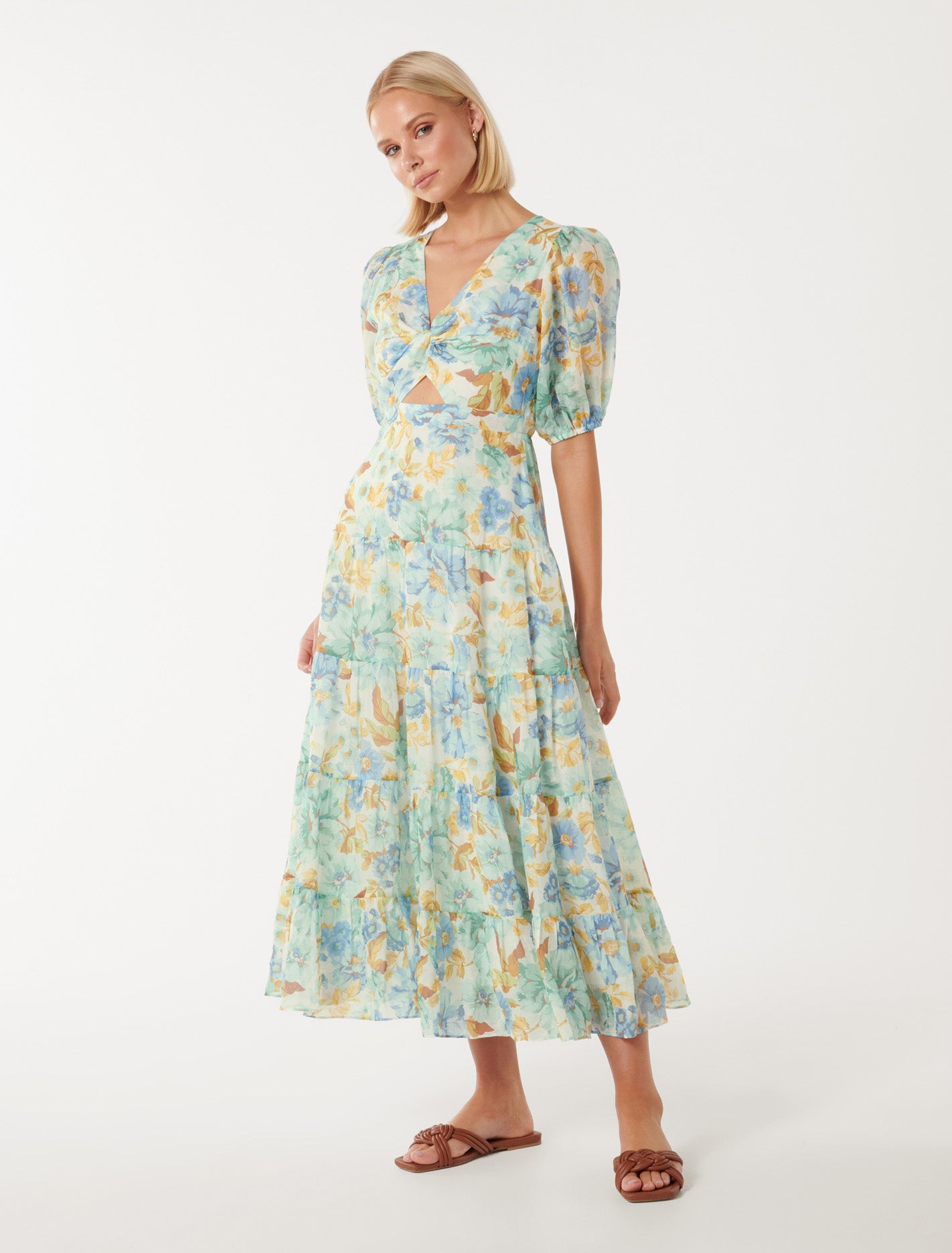 Irina Twist Front Midi Dress Blue Elmhurst Flora
