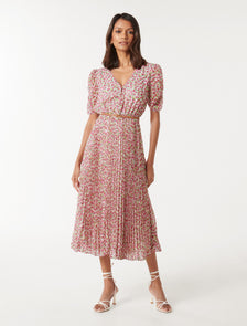 Zari Petite Ruched Sleeve Midi Pink Emery Ditsy