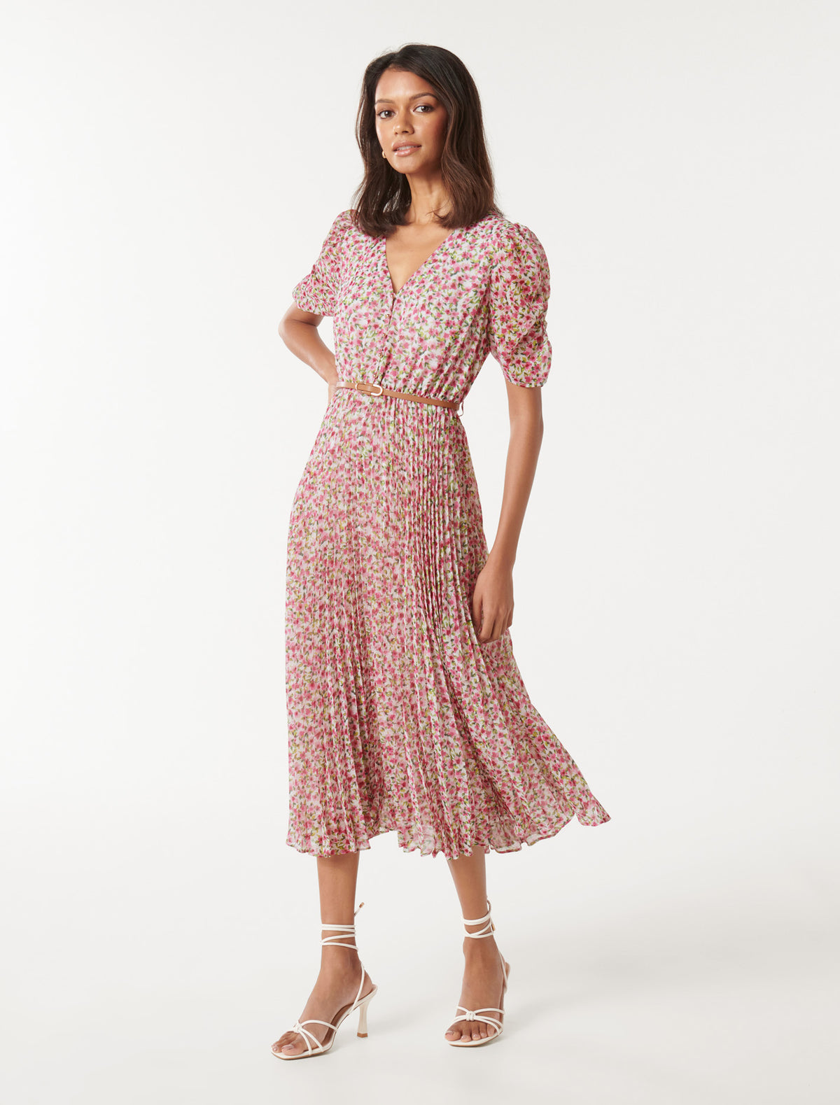 Zari Petite Ruched Sleeve Midi Pink Emery Ditsy