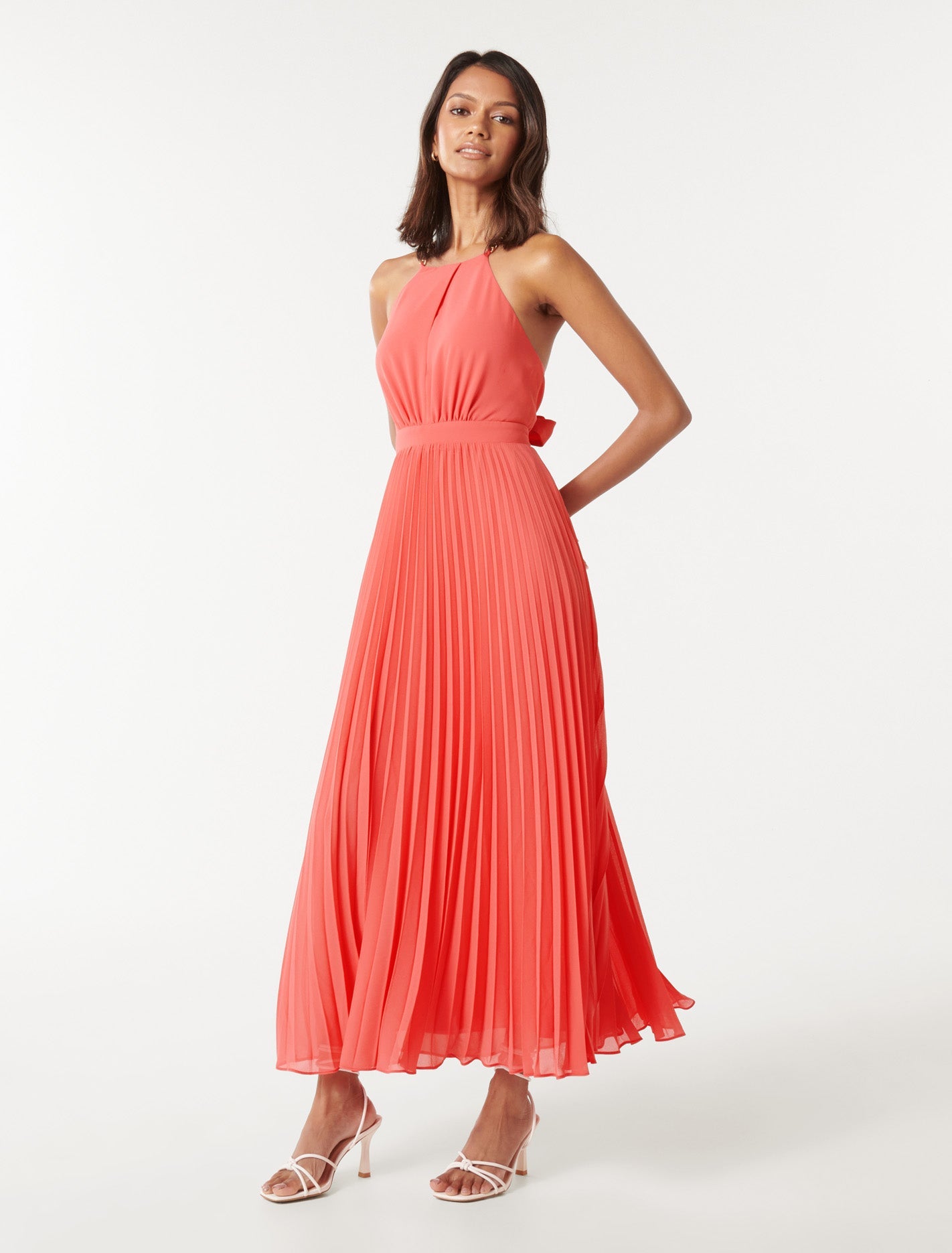 Chloe Petite Halter Midi Dress Coral Crush