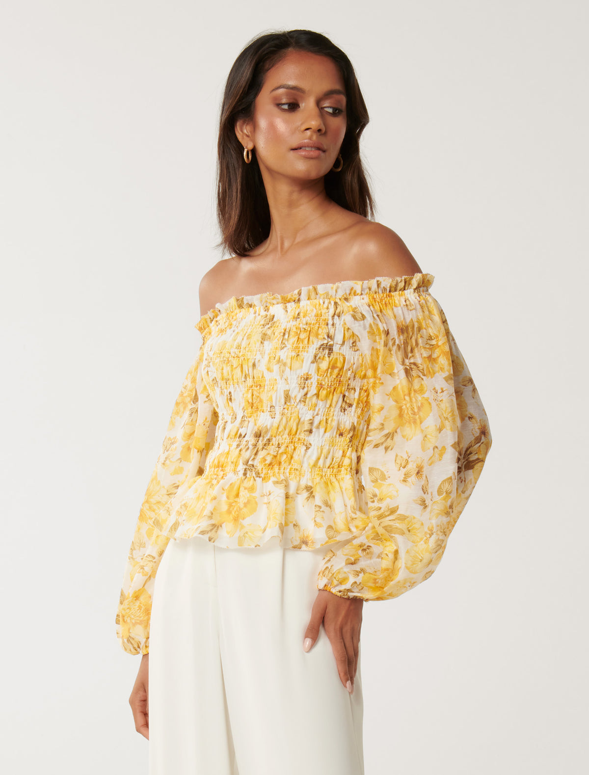 Lisa Petite Off Shoulder Blouse Yellow Peony Floral