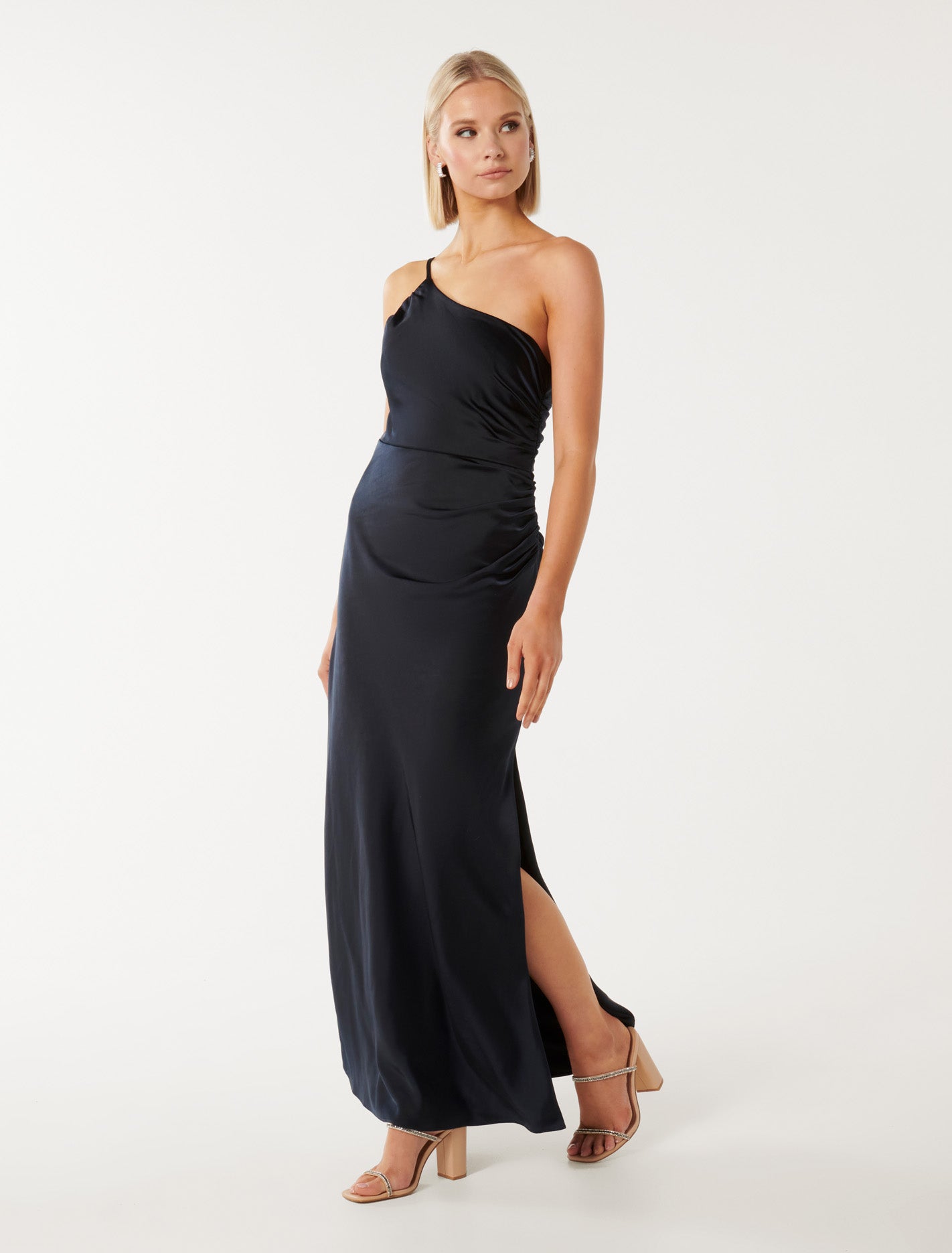 Kelly One Shoulder Satin Maxi Navy