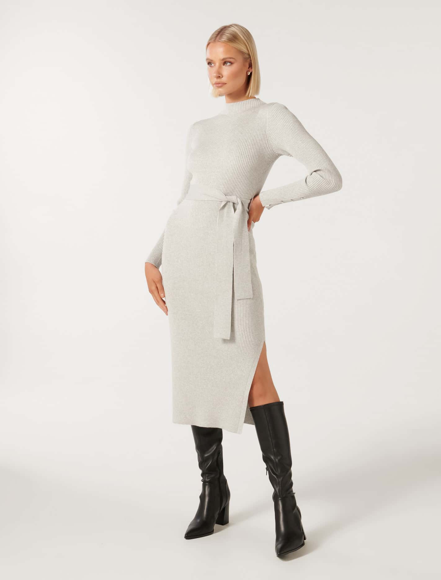 Lily Rib Column Knit Dress Grey