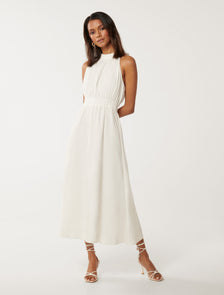Magnolia Petite High Neck Linen Midi Porcelain