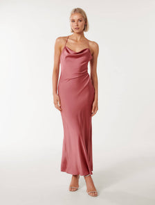Ruby Petite Tie Back Satin Maxi Saturated Rose