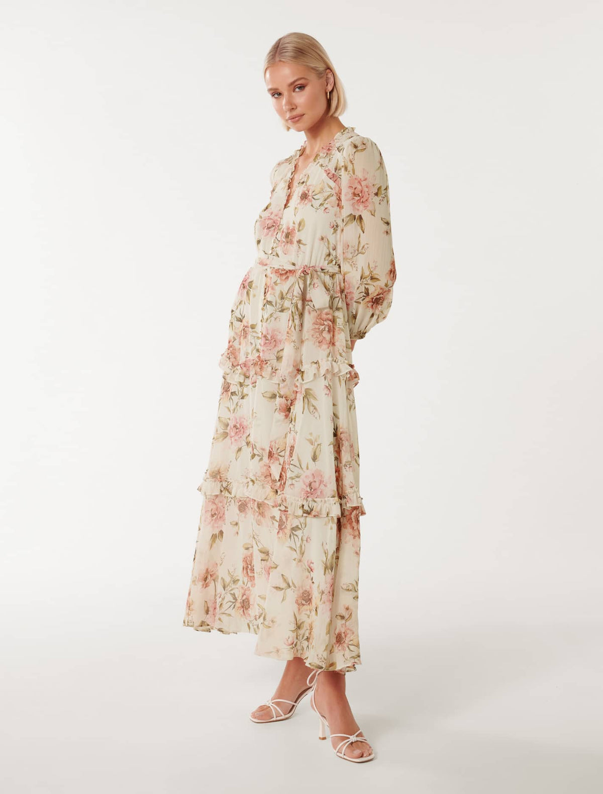 Abbie Ruffle Midi Dress Blush Petra Floral