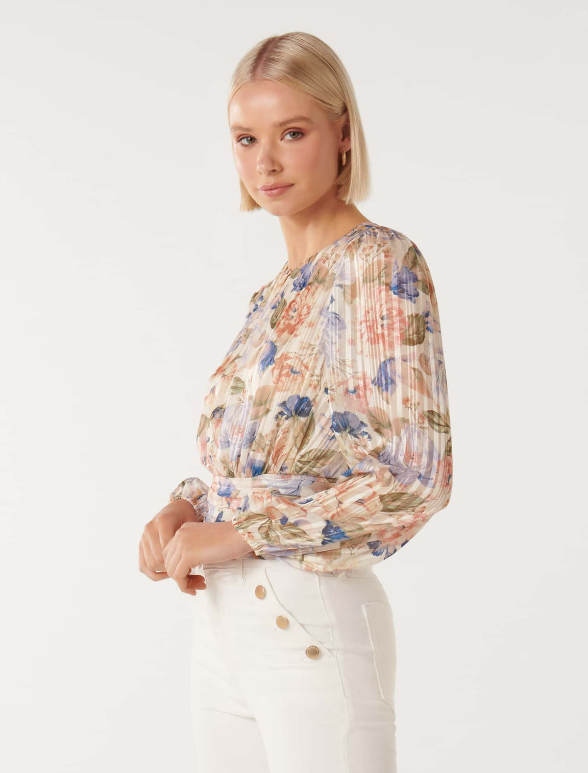 Leighton Printed Self Stripe Blouse Blue Colvin Floral