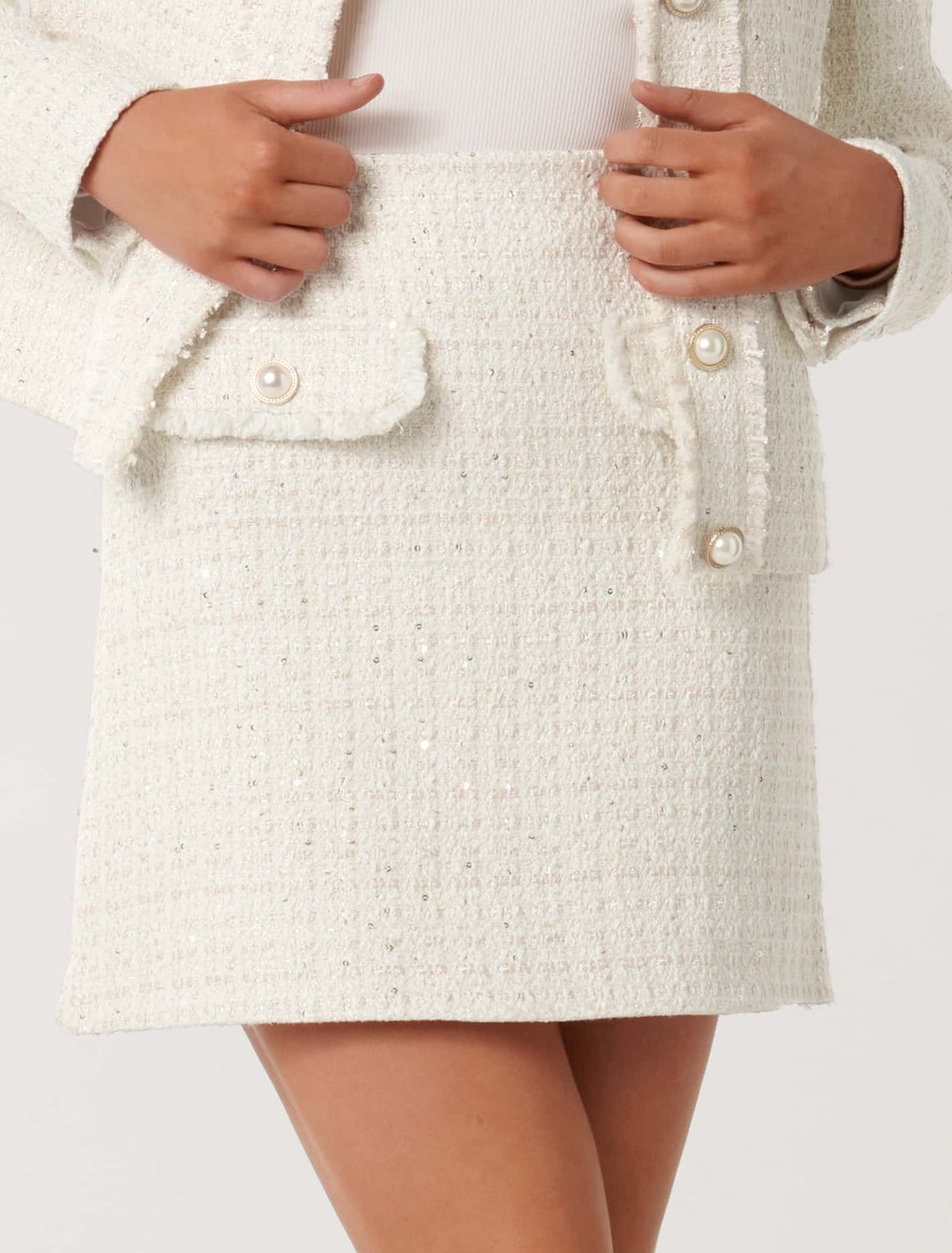 Cameron Boucle Mini Skirt Cream Sequin Suit